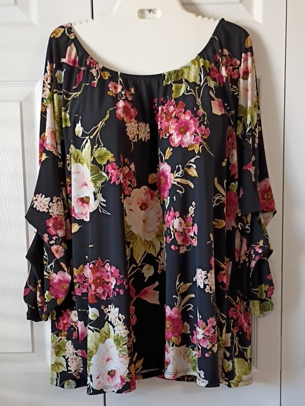 Women's Off-Shoulder Floral Top - Black with Pink & Green Floral